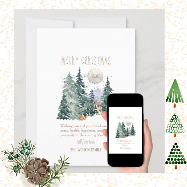 Watercolor Deer Forest Flat Holiday Card (Creator Uploaded)