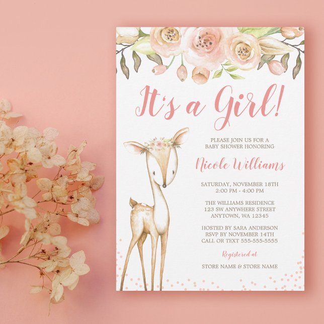 Watercolor Deer Girl Baby Shower Invitations (Creator Uploaded)