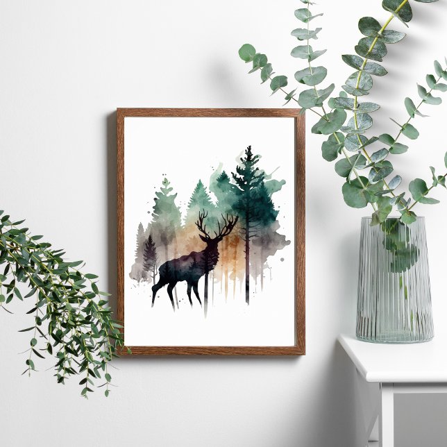 Watercolor Deer in Forest Trees Nature  Poster (Creator Uploaded)