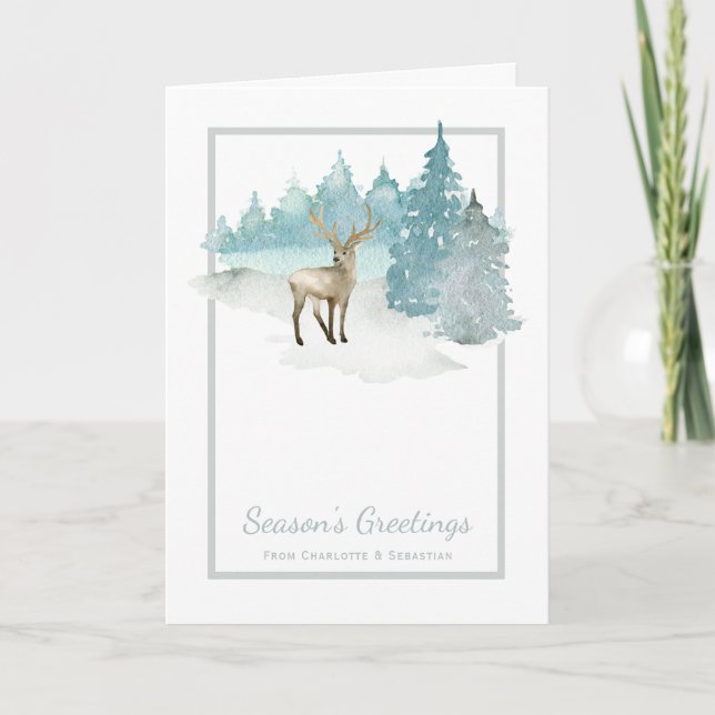 Watercolor Deer in Trees Christmas Winter Scene Card (Front)