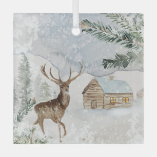 Watercolor Deer in Winter Forest Christmas Glass Tree Decoration