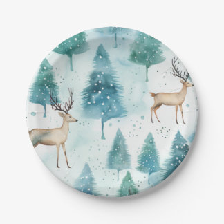 Watercolor Deer In Winter Forest Christmas  Paper Plate
