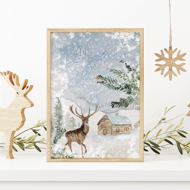 Watercolor Deer in Winter Forest Christmas Poster (Creator Uploaded)
