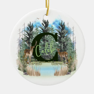 Watercolor Deer Personalised Monogram Letter C Ceramic Tree Decoration
