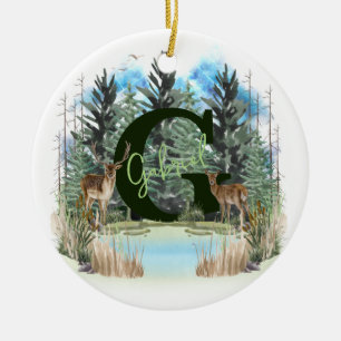 Watercolor Deer Personalised Monogram Letter G Ceramic Tree Decoration