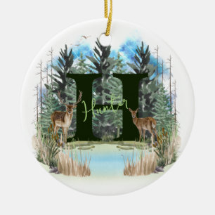 Watercolor Deer Personalised Monogram Letter H Ceramic Tree Decoration