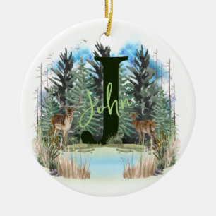 Watercolor Deer Personalised Monogram Letter J Ceramic Tree Decoration