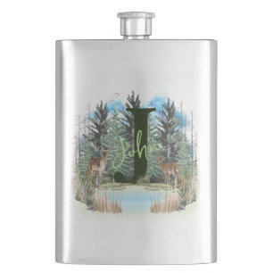 Watercolor Deer Personalised Monogram Letter J Hip Flask