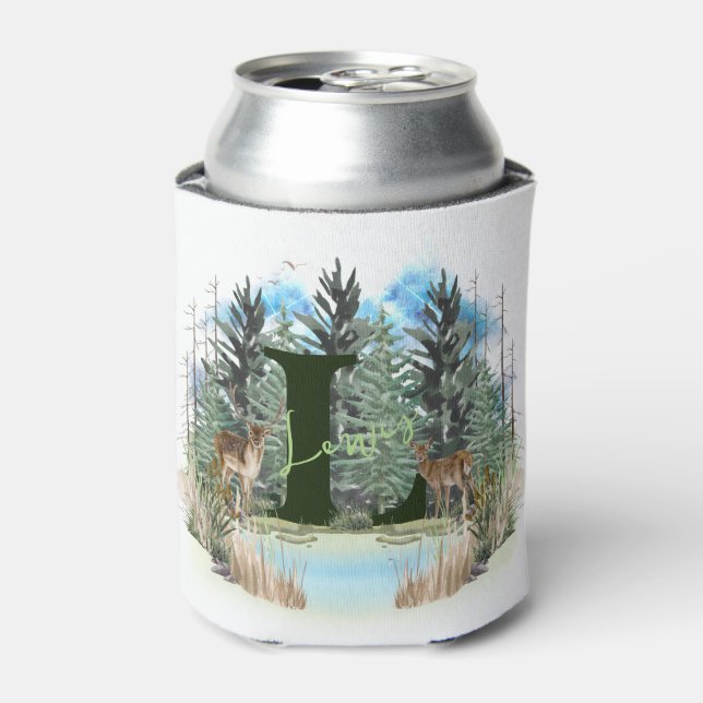 Watercolor Deer Personalised Monogram Letter L Can Cooler (Can Front)