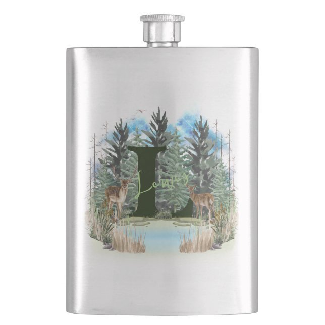 Watercolor Deer Personalised Monogram Letter L Hip Flask (Front)
