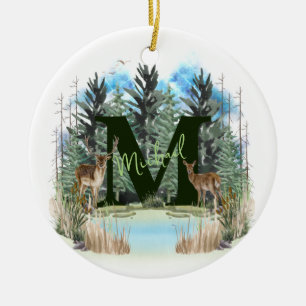Watercolor Deer Personalised Monogram Letter M Ceramic Tree Decoration