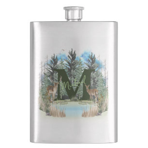 Watercolor Deer Personalised Monogram Letter M Hip Flask