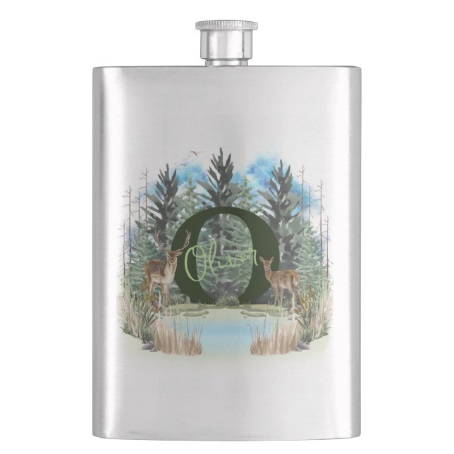 Watercolor Deer Personalised Monogram Letter O Hip Flask (Front)