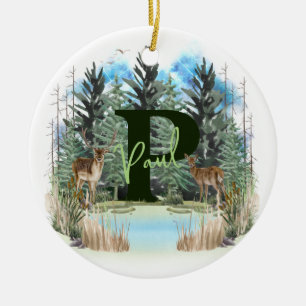 Watercolor Deer Personalised Monogram Letter P Ceramic Tree Decoration