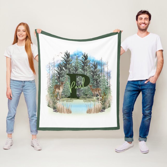Watercolor Deer Personalised Monogram Letter P Fleece Blanket (In Situ)