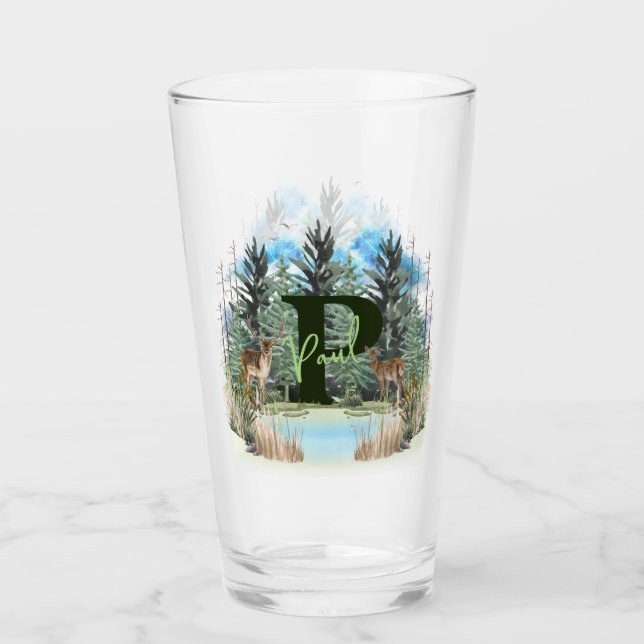 Watercolor Deer Personalised Monogram Letter P Glass (Front)