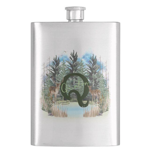 Watercolor Deer Personalised Monogram Letter Q Hip Flask (Front)