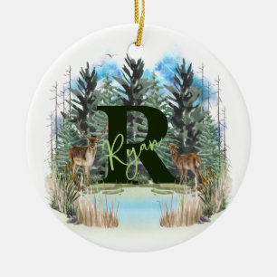 Watercolor Deer Personalised Monogram Letter R Ceramic Tree Decoration