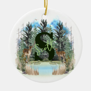 Watercolor Deer Personalised Monogram Letter S Ceramic Tree Decoration