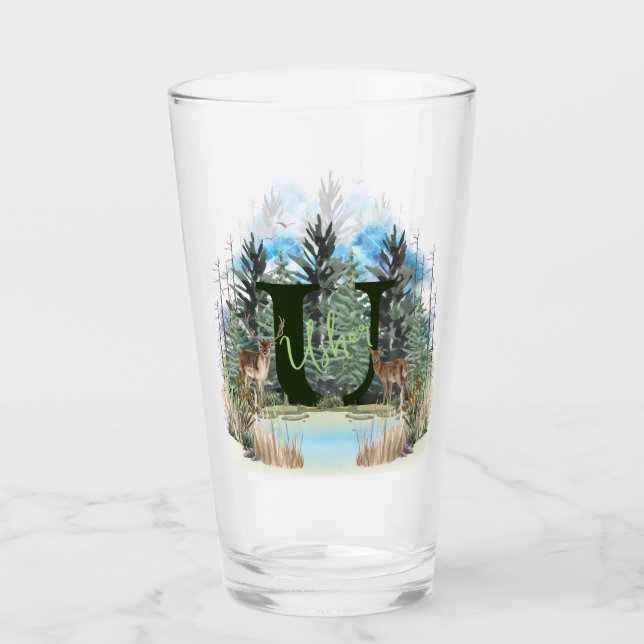 Watercolor Deer Personalised Monogram Letter U Glass (Front)