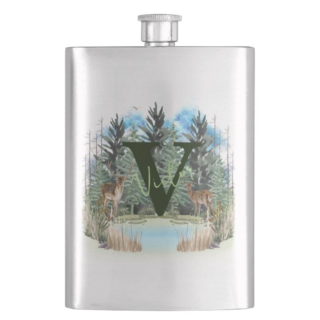 Watercolor Deer Personalised Monogram Letter V Hip Flask (Front)