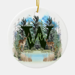 Watercolor Deer Personalised Monogram Letter W Ceramic Tree Decoration