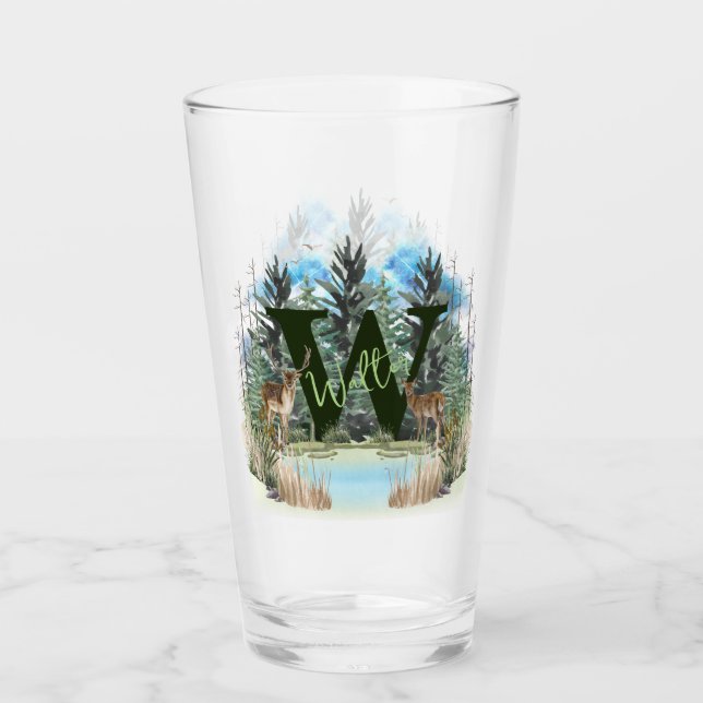 Watercolor Deer Personalised Monogram Letter W Glass (Front)