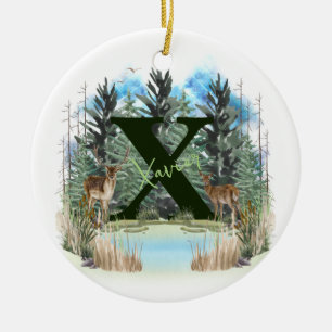 Watercolor Deer Personalised Monogram Letter X Ceramic Tree Decoration