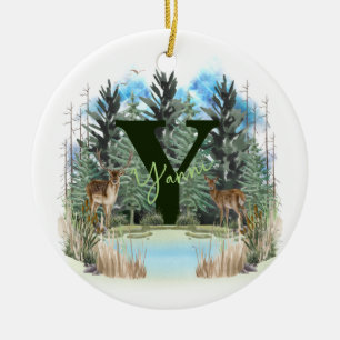 Watercolor Deer Personalised Monogram Letter Y Ceramic Tree Decoration