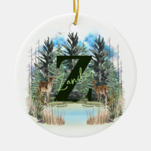 Watercolor Deer Personalised Monogram Letter Z Ceramic Tree Decoration
