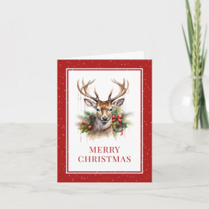 Watercolor Deer Pine Holly Red Merry Christmas Holiday Card
