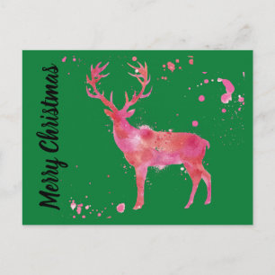 Watercolor Deer, pink orange green Merry Christmas Holiday Postcard