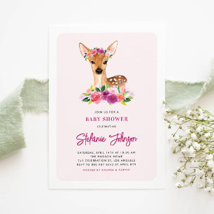 Watercolor Deer Purple Flowers Baby Shower Invitation