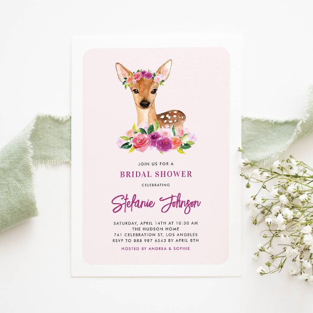 Watercolor Deer Purple Flowers Bridal Shower Invitation (Creator Uploaded)