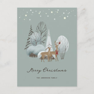 Watercolor Deer Snowy Forest Stars Merry Christmas Holiday Postcard