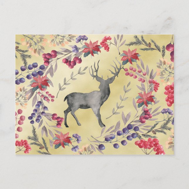 Watercolor Deer Winter Berries Gold Postcard (Front)