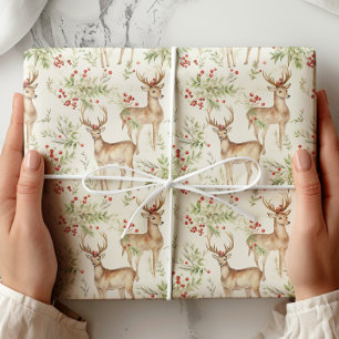 Watercolor Deer Winter Greenery Wrapping Paper
