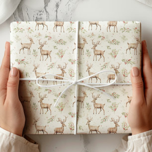 Watercolor Deer Winter Greenery Wrapping Paper