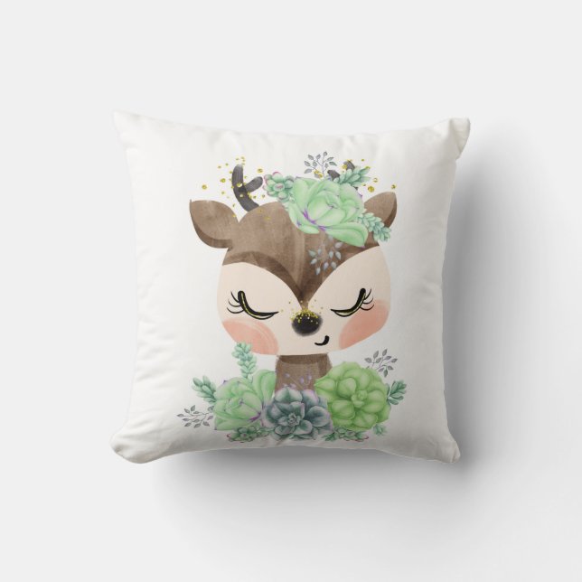 Watercolor Deer with Succulents Throw Pillow (Front)