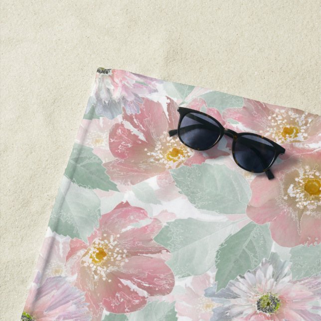 Watercolor delicate flowers.  beach towel (In Situ)
