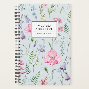 Watercolor Delicate Flowers Foliage Pattern Blue Planner