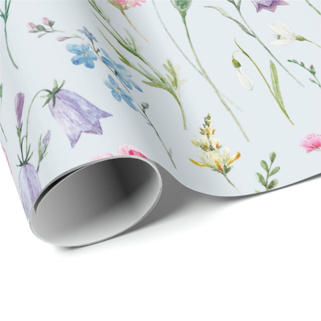 Watercolor Delicate Flowers Foliage Pattern Blue Wrapping Paper (Roll Corner)