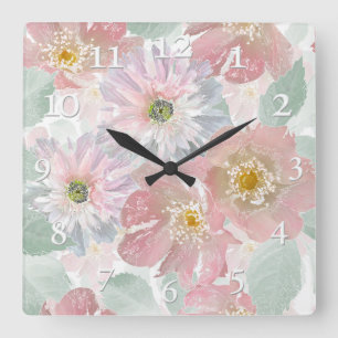 Watercolor delicate flowers. square wall clock