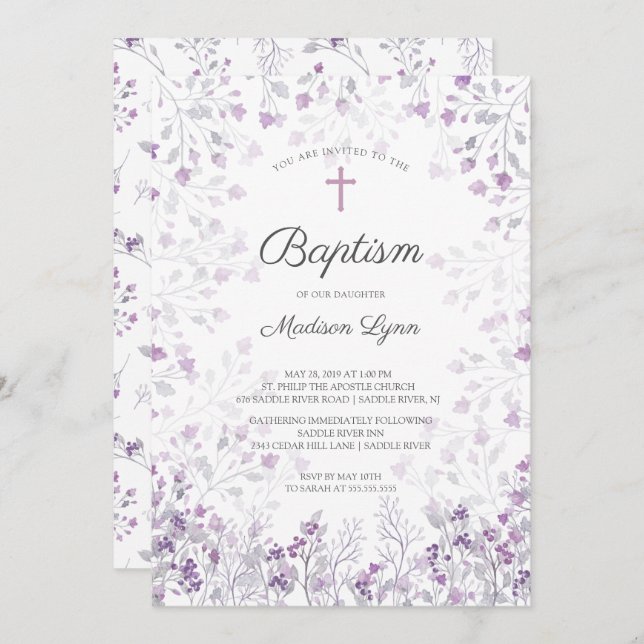Watercolor Delicate Purple Flowers Baptism Invitation (Front/Back)