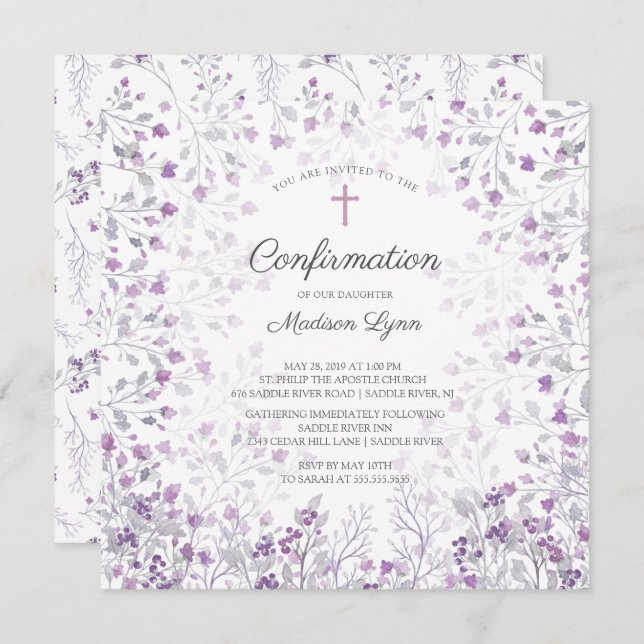 Watercolor Delicate Purple Flowers Confirmation Invitation (Front/Back)