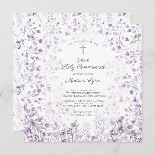 Watercolor Delicate Purple Flowers First Communion Invitation (Front/Back)