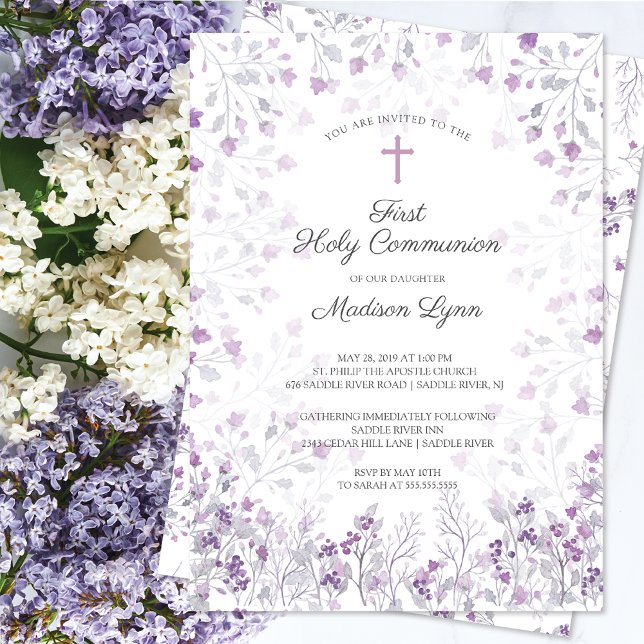 Watercolor Delicate Purple Flowers First Communion Invitation (Creator Uploaded)