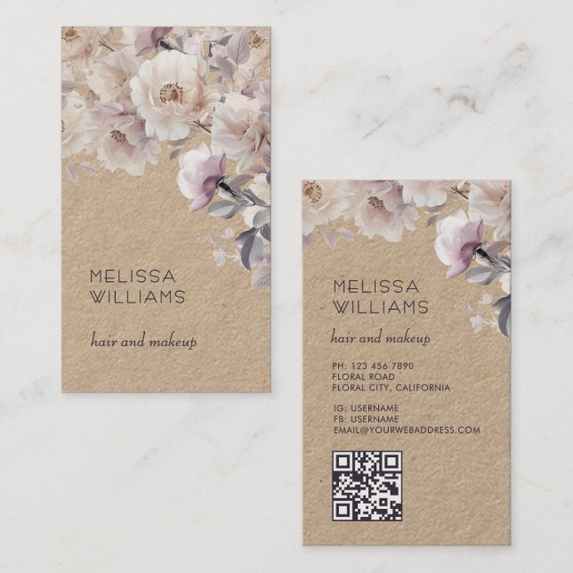 Watercolor  Delicate Roses | Qr Code Rustic Business Card (Front/Back)
