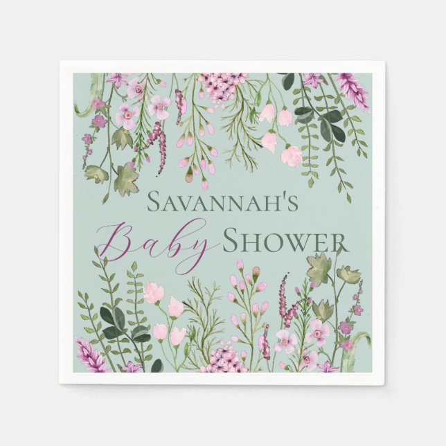 Watercolor Delicate Wildflowers Floral Baby Shower Napkin (Front)