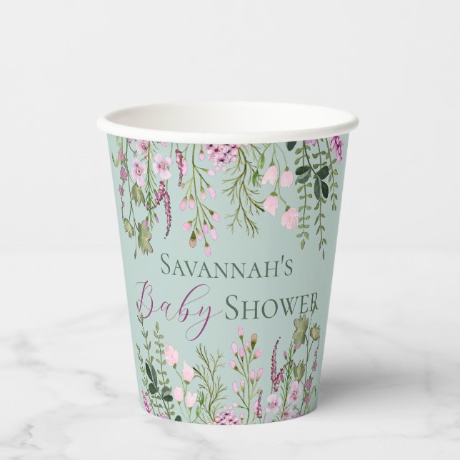 Watercolor Delicate Wildflowers Floral Baby Shower Paper Cups (Front)